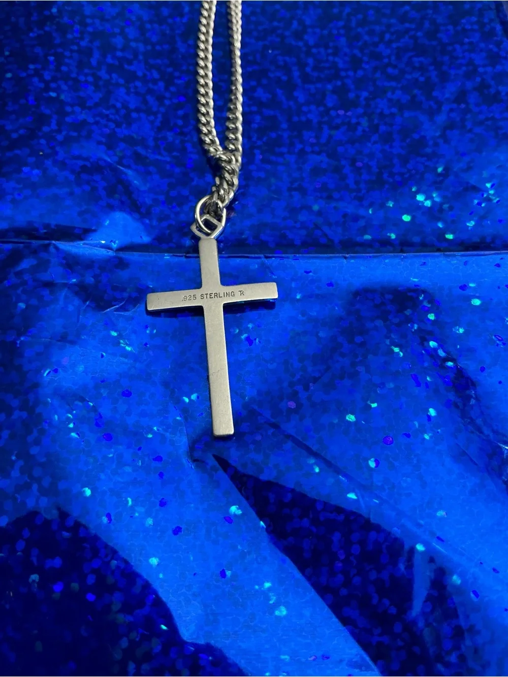 925 Sterling Silver Cross Pendant Necklace Curb Link Chain Spring Ring Signed